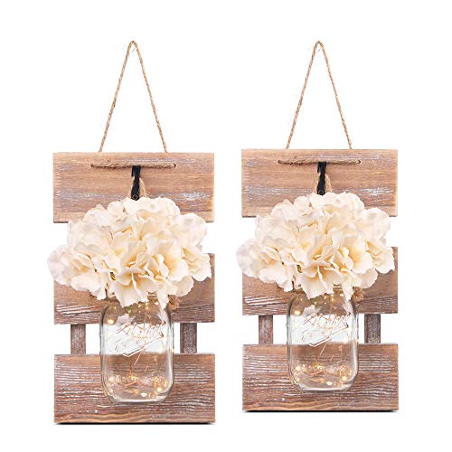 Rustic Mason Jar Sconces Wall Decor, Brown, Set of 2 - color: 11.8"H Brown + Hydrangea