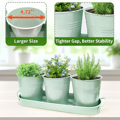 Metal Herb Garden Planter Set with Tray, 3-Pack Green Zinc-Coated Windowsill Plant Pots with Drainage Holes & Handles for Indoor Outdoor Kitchen Garden - color: Green