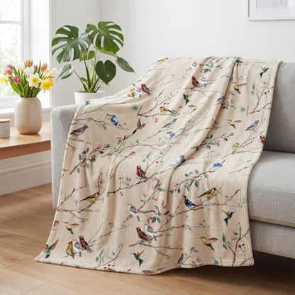 Horaldaily Spring Summer Birds Branch Biege Flannel Throw Blanket 60x80 - color: Beige, size: Twin(60x80”)