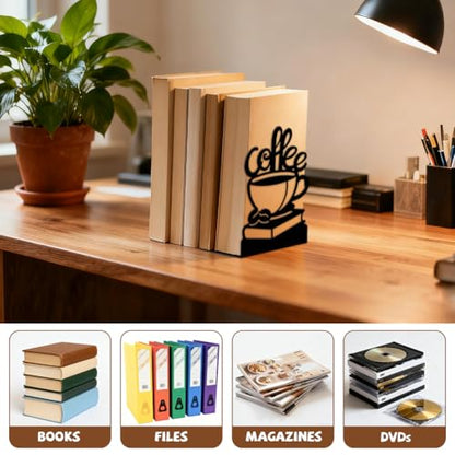Peacoblue 5.3"x4.3"x7.9" Metal Bookends, Heavy Duty Book Ends for Shelves - style: Coffee Beans and Books