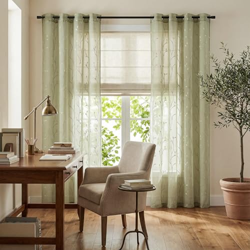 jinchan Green Leaf Voile Embroidered Curtains 63 Inch Grommet Top 2 Panels - color: Vine Grommet Green, size: 55"W x 63"L (Pack of 2)