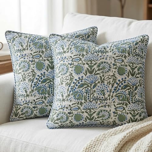 ATOSII Cotton Blockprint Throw Pillow Cover, Clover Blue, Set of 2, 24 x 24 - color: Clover Blue, size: 24" x 24" (Pack of 2)