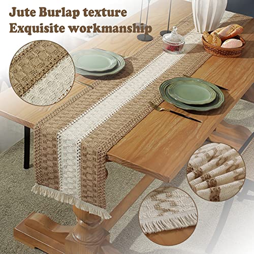 Boho Burlap Macrame Table Runner, Farmhouse Style Cotton Linen Rustic Woven Table Runner with Tassels for Dining, Wedding, Bridal Shower, Bohemian (12x72 inch, Off-White Stripe) - color: Off-white Stripe, size: 12x72 inch