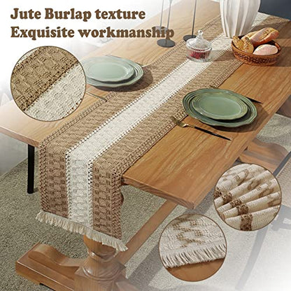 Boho Burlap Macrame Table Runner, Farmhouse Style Cotton Linen Rustic Woven Table Runner with Tassels for Dining, Wedding, Bridal Shower, Bohemian (12x72 inch, Off-White Stripe) - color: Off-white Stripe, size: 12x72 inch