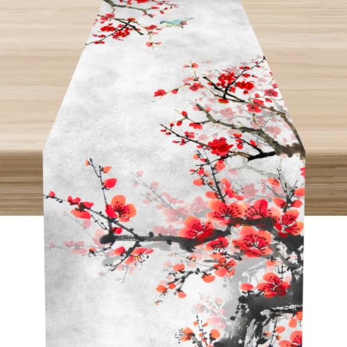Cherry Blossom Table Runner, Rustic Red Flower Watercolor Japanese Spring Boho Kitchen Dining Table Center Decor for Family Kitchen Table Decorations Indoor Outdoor 13x36 inch - color: Cherry Blossom-3, size: 13x36" Table Runner