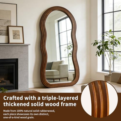 71"x33.5" Wavy Full Length Mirror with 3-Layer Solid Wood Frame - color: Walnut Wavy Frame, size: 71"L x 33.5"W