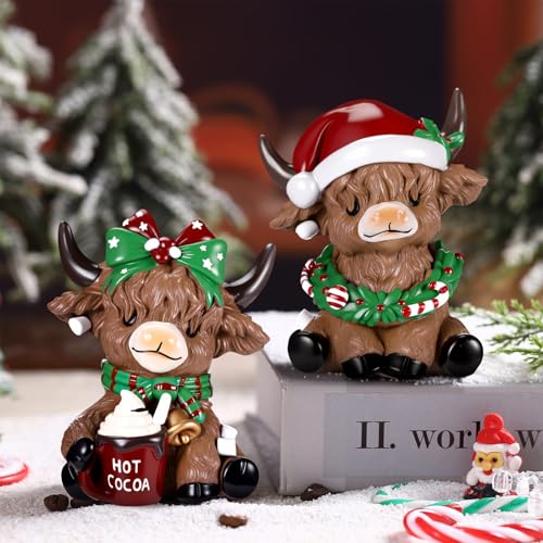 Karenhi 2 Pcs Highland Cow Figurines, Christmas Hot Cocoa Decor - style: Hot Cocoa