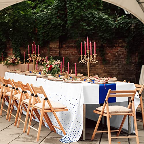 8Pack Disposable Plastic Tablecloths and Satin Table Runner White and Royal Blue Dot Tablecloth Blue Satin Table Runner for Wedding Birthday Baby Shower Anniversary Christmas New Year Party Supplies - color: White and Blue, size: 8 Pack