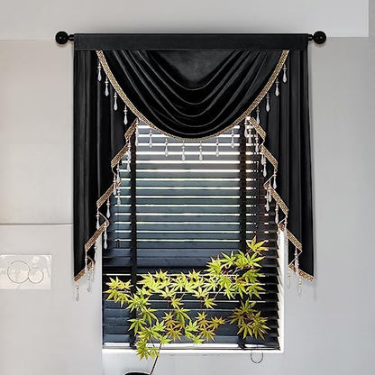 ELKCA Luxury Black Velvet Curtain Valances for Living Room with Beads(39inch,1 Panel) - color: Black, size: 39"W x 43"L (Pack of 1)
