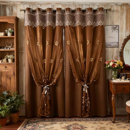 Amidoudou 1 Pair European Double Layer Curtains for Living Room Bedroom Luxury Flower Embroidered Curtains with Valance (Brown,52x102 Inch) - color: Brown, size: 52"W x 102"L (Pack of 2)