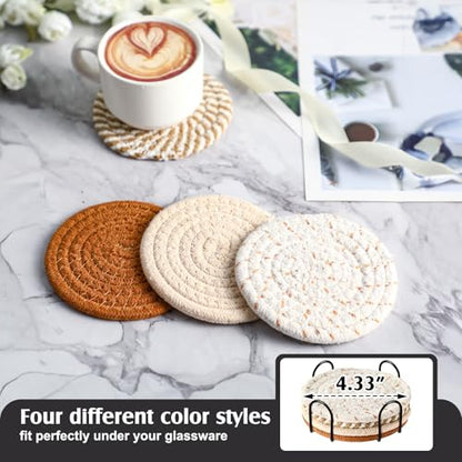 8 Pcs Boho Round Woven Placemats Set of 4/6/8,Trivets for Dishes, Heat Resistant Hot Pads,11.8" Woven Cotton Rope Round Placemats with Basket, 4.3" Drink Coasters with Holder (Mix Brown)