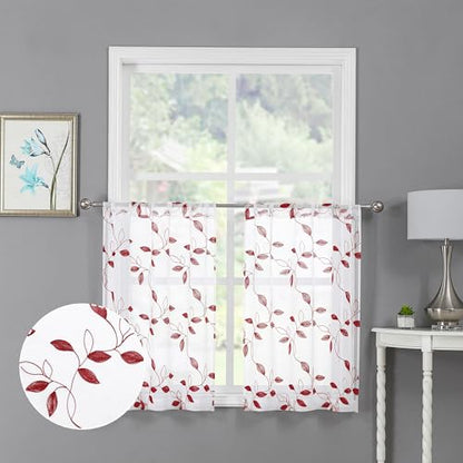 Tollpiz Burgundy Red Leaf Sheer Tier Curtains Kitchen 30 x 24 Inches - color: Burgundy Red, size: 30"W x 24"L (Pack of 2)