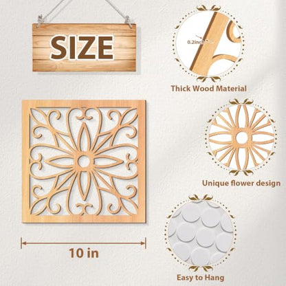 KOYILTD 4 Pcs Thicken Wooden Wall Art Rustic Farmhouse Flower Wall Art - color: Square, size: 10in