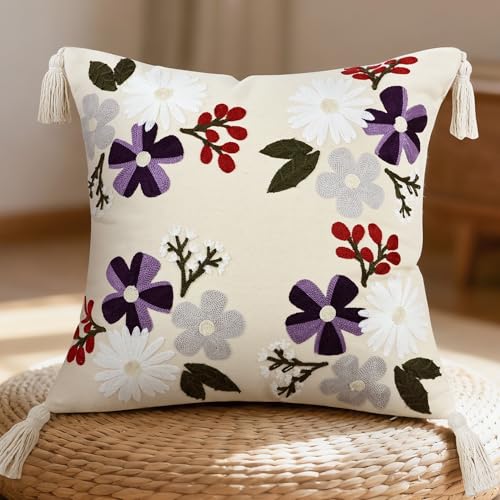 Floral Embroidered Pillow Covers 18x18 Inch Set of 1, White Purple - color: Blooming Daisy