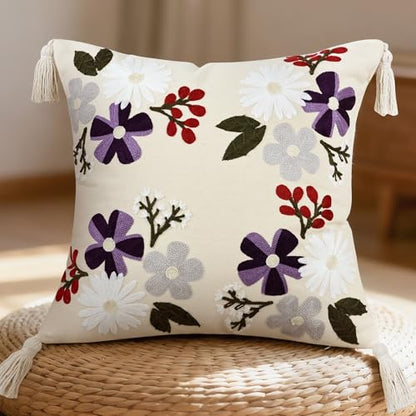 Floral Embroidered Pillow Covers 18x18 Inch Set of 1, White Purple - color: Blooming Daisy