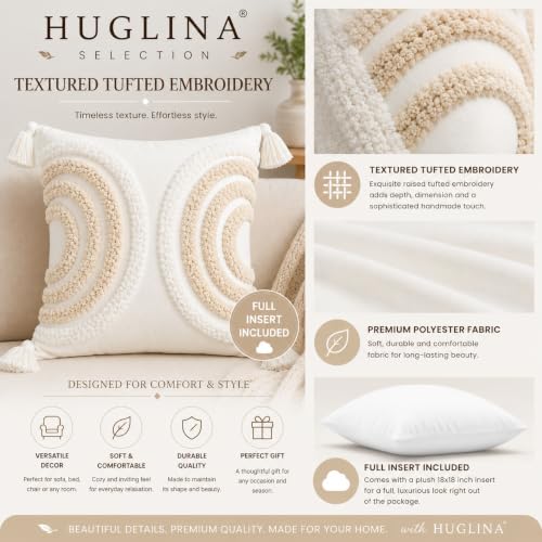 Ivory White Embroidered Throw Pillow with Insert Included, 18x18 Decorative Pillow, Soft Polyester Fabric, Textured Tufted Embroidery, Corner Tassels, Modern Farmhouse Boho Accent Pillow