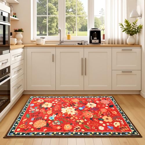 Terrug Floral Entryway Rug, 2x3 Red Christmas Boho Washable Kitchen Throw, Soft Low Pile Cute Small Non-Slip Stain Resistant Vintage for Bedroom Bathroom Laundry - color: Red, size: 2' x 3' (Rectangular)