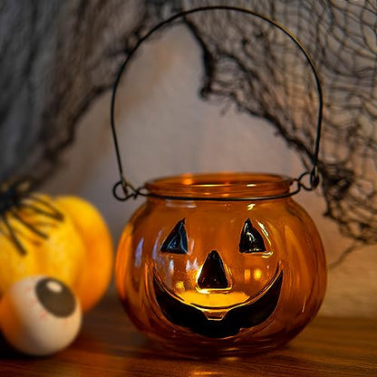 Halloween Candle Holders Set of 4, SHMILMH Tealight Votive Candle Holders with Grimace, Metal Hanging Pumpkin Jack O Lanterns Decorative Halloween Table Centerpiece Orange