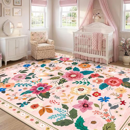 RELEANY Floral Washable 7x9 Area Rugs Pink - color: Pink, size: 7' x 9' (Rectangular)