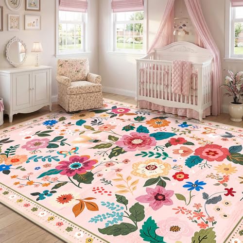 RELEANY Floral Washable 8x10 Area Rugs Pink - color: Pink, size: 8' x 10' (Rectangular)