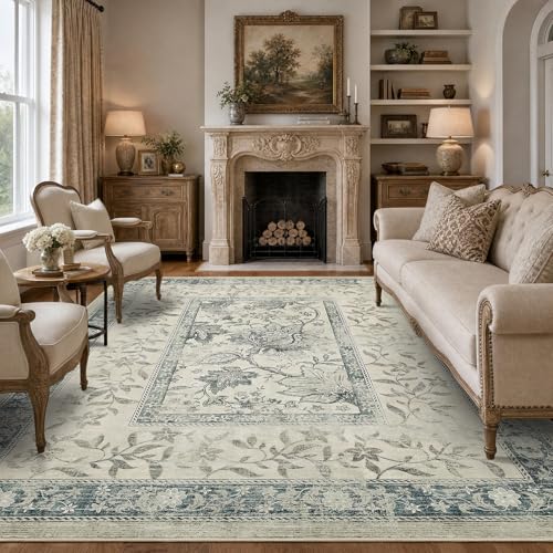 GarveeHome Vintage Blue Area Rug 8x10 for Living Room Washable Cottage Core Retro Farmhouse Low-Pile Stain Resistant Large Carpet for Bedroom Dining Room Home Office TPE Backing Indoor Decor - color: Vintage Blue, size: 8' x 10' (Rectangular)