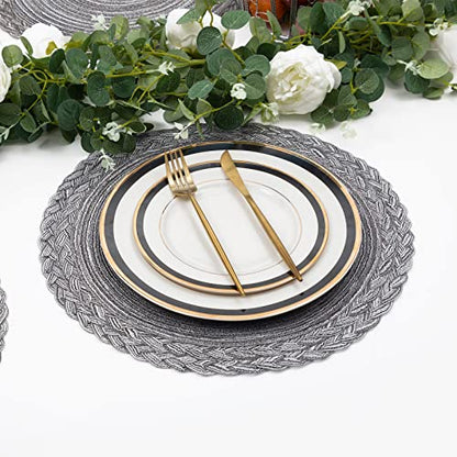 SHACOS Round Placemats Set of 6 Woven Round Table Mats 15 inch Braided Border Washable Cotton Polyester Circle Place Mats, Gray - color: Gray, size: 6 pieces