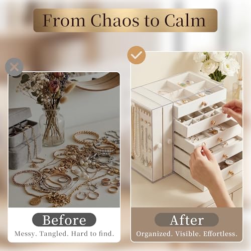 Jewelry Organizer with Clear Acrylic Display and Drawers, Dust-Protected Jewelry Storage Box for Necklaces, Earrings, Rings & Bracelets, Elegant Tabletop Organizer for Vanity, Bedroom or Desk, Ivory - color: Ivory