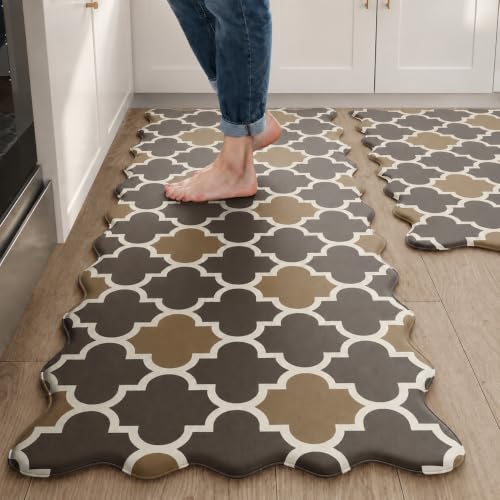 Arenarug Scalloped Trellis Kitchen Mats for Floor, Brown Kitchen Rugs - color: Mocha Brown, size: 17.3"x30"+17.3"x47"