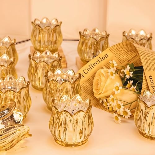 Tulip Votive Candle Holders Set of 12, Glass, Gold - color: Gold - Set of 12
