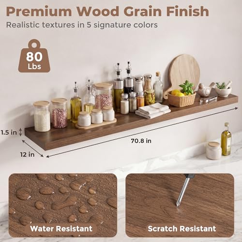Venusmiles 12 inch Deep Floating Shelves for Wall, 72" Wide, Walnut, 2-Pack - color: Walnut Finish, size: 72"w x 12"d, 2p