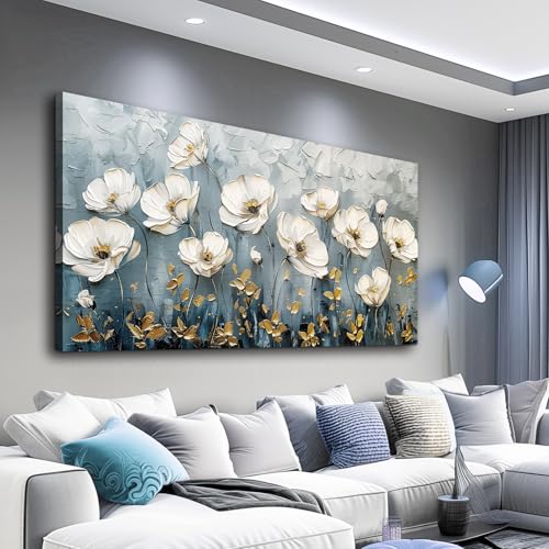 QIYILEXWART Canvas Wall Art For Living Room Large Wall Decor For Office Bedroom Decorations Textured White Flower Landscape Pictures Farmhouse Painting Artwork Room Wall Mural Aesthetic Home Decor 30x60 In - color: Textured White Flower Art, size: 60"L x