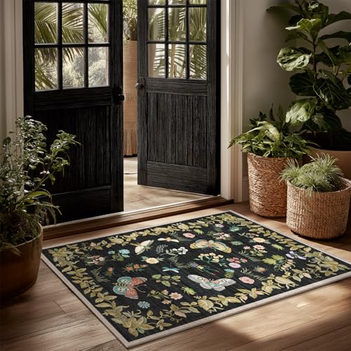 Washable Small Area Rugs for Entryway: 2x3 Throw Rug Door Mat Indoor Entrance Stain Resistant Non-Slip Low Pile Soft Carpets for Kitchen Front Door Indoor Entrance Entry Bedroom Bedside Farmhouse - color: Butterfly-black, size: 2' x 3' (Rectangular)