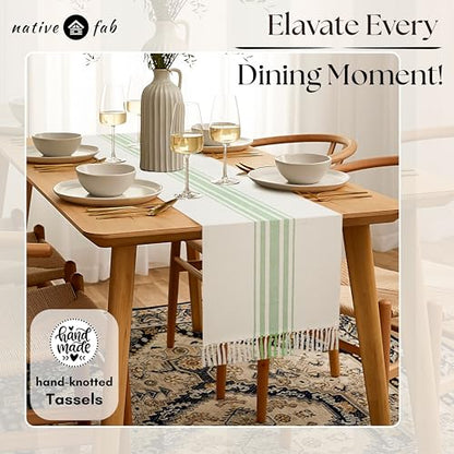 Native Fab Green Table Runner 90 Inches Long - Striped Table Cover with Fringes - 100% Cotton, Soft, Tight Weave, Non Slip Tablerunner for Dining, Dresser, Wedding - Mint Green White (14x90 inches) - color: Mint Green White, size: 14x90