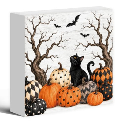Halloween Black Cat Pumpkin Wood Box Sign Desk Decor 5X5 - color: Pumpkin Cat