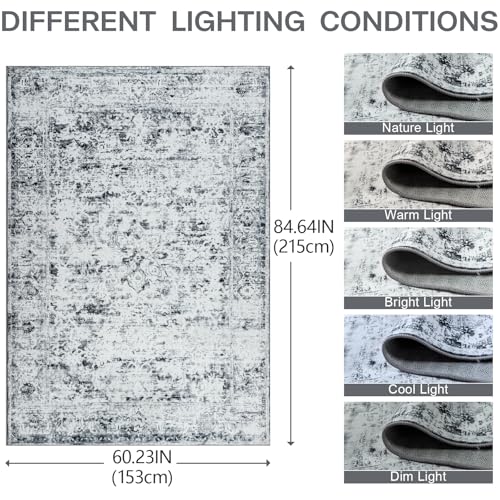 Unirea 5x7 Area Rugs for Living Room Bedroom, Washable Light Grey White Non Slip Low Pile Vintage Indoor Area Rug, Large Boho Abstract Soft Carpet, Gray Rugs for Dining Room Study Office Kids Room - color: Light Grey/White, size: 5x7 Feet