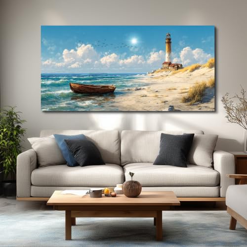 Coastal Wall Art for Living Room Blue Ocean Wall Decor for Bedroom Lighthouse Beach Pictures Decorations Nature Seascape Painting Canvas Print Artwork for Bathroom Office Home Decor 24"X48" - color: Ocean Canvas Wall Art, size: 48"L x 24"W