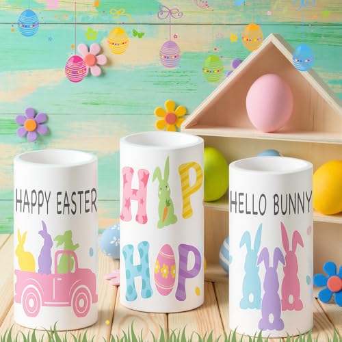 Retisee 3 Pcs Pastel Easter Flameless LED Candles Battery Operated Bunny Spring Flickering Pillar Candles with Remote Pastel Easter Decoration Centerpiece for Bedroom Living Room Dinner Table Decor - style: Pastel