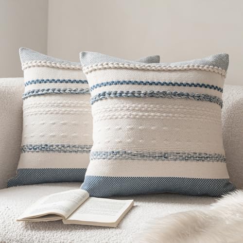 Cethom Boho Throw Pillow Covers 20x20 Inch Set of 2, Blue Textured Decorative Couch Pillow Cases for Farmhouse Home Decor, Accent Cushion Cover for Sofa, Bed, Living Room, Bedroom - color: Blue, size: 20" x 20" (Pack of 2)