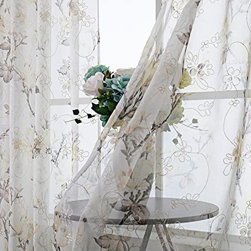 Tollpiz Floral Short White Sheer Curtain Flower Print Vine Embroidery Bedroom Curtains Rod Pocket Voile Window Curtain for Living Room, 54 x 54 inches Long, Set of 2 Panels - color: White, size: 54"W x 54"L (Pack of 2)