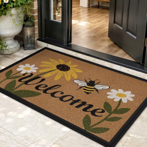Color&Geometry Welcome Mat, 24x36 Front Door Mat Outside Entrance, Heavy Duty Non Slip Entry Mats, Entryway Doormat Dirt Trapper for Patio Garage Porch Home Decorative, Bee and Flower - color: Bee and Flower, size: 24"x36"