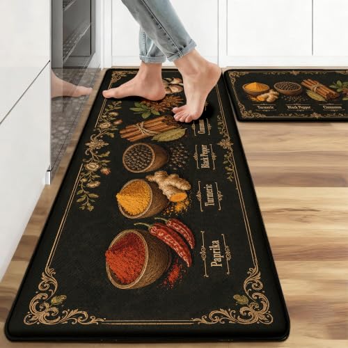 Kitchen Rugs for Floor 2 Pcs Memory Foam Padded Anti Fatigue Kitchen Mat - color: Black Spice
