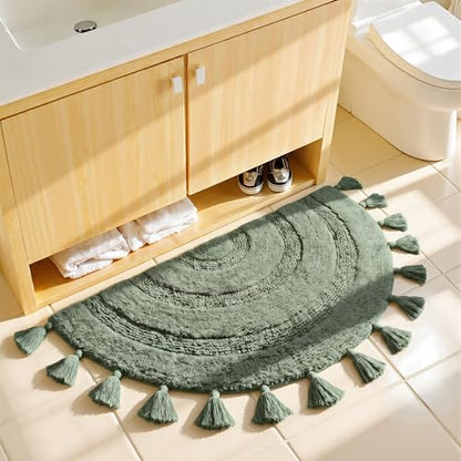 KOEXM Half Circle Boho Bathroom Rugs with Tassels 100% Cotton - color: Sage Green, size: 1'10" x 3'1" (Semicircular)