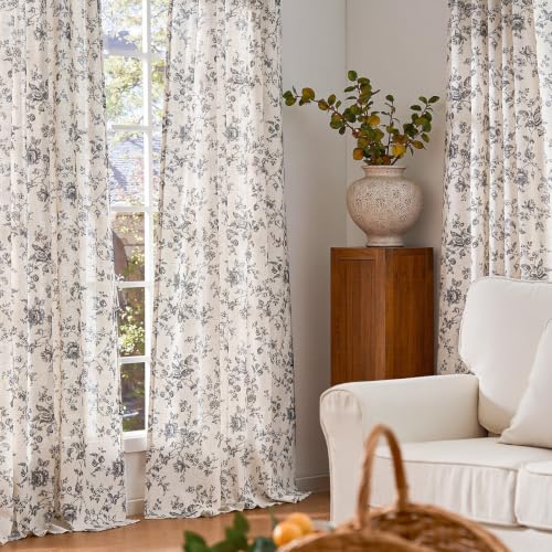 jinchan Custom Size Curtain Black Floral Linen Curtain Back Tab 1 Panel - color: Amlie Black, size: Custom