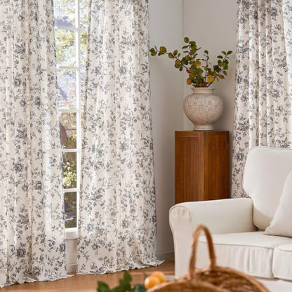 jinchan Custom Size Curtain Black Floral Linen Curtain Back Tab 1 Panel - color: Amlie Black, size: Custom
