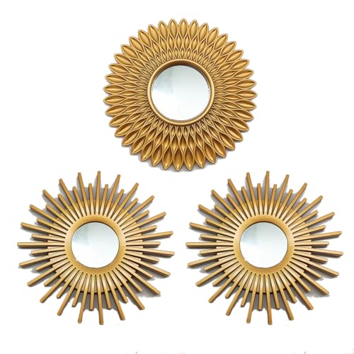 Gold Mirrors for Wall Decor Pack of 3. Round Mirrors.Rays of Light and Annual Ring Shape. Decorative Mirrors.Wall Mirrors for Decor Home Decor.Plastic Frames.Glass Mirrors.Sun Gold Color. - color: Sun Gold M2k1