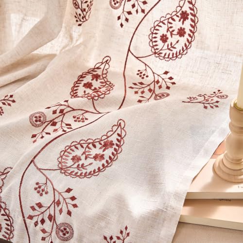 jinchan Linen Curtains 63 Inch Terracotta Floral Drapes Back Tab 2 Panels - color: Terracotta on Beige, size: 50"W x 63"L (Pack of 2)