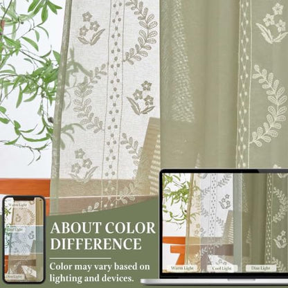 jinchan Floral Sheer Curtains, Back Tab 50x84 Inch, 2 Panels Green - color: S | Green, size: 50"W x 84"L (Pack of 2)