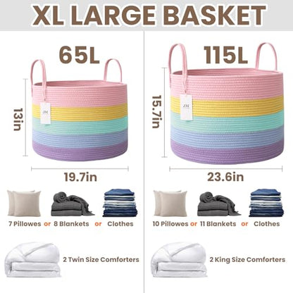 JMvicyroam 65L Extra Large Machine Washable Cotton Rope Blanket Basket - color: Rainbow, size: 65L