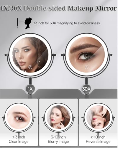8" Lighted Makeup Mirror with Light,30X Magnifying Height Adjustable Mirror - color: Black