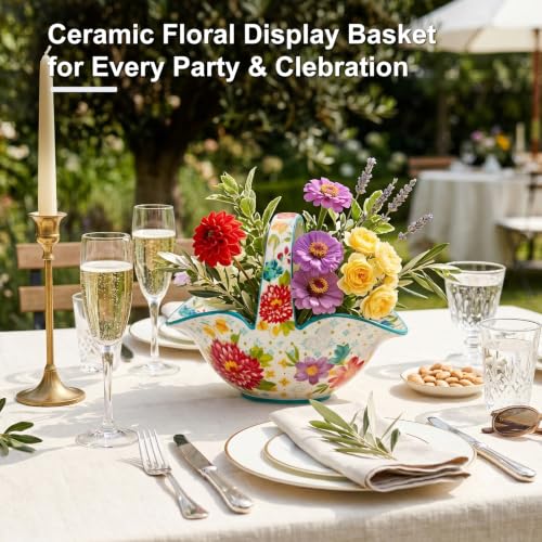Ceramic Candy Dish, Small Fruit Bowl/Basket with Handle, Key Holder - color: Dahlia